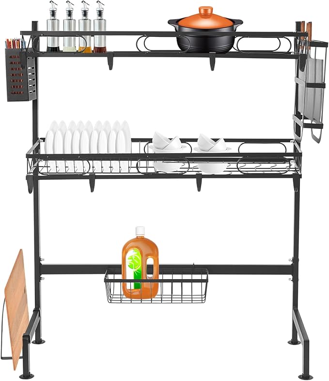 2-Tier Over Sink Dish Drying Rack, Multifunctional Kitchen Rack Extra Large Extendable Dish Rack Carbon Steel Over Sink Dish Rack with 8 Hooks for Kitchen Counter (24in)
