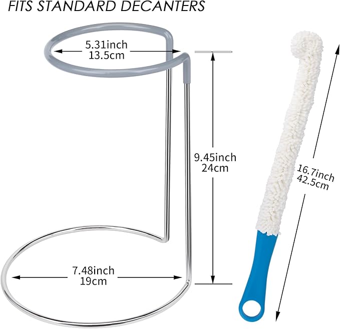 Wine Decanter Drying Stand with Rubber Coated Top to Prevent Scratches, Wine Decanter Drying Rack for Standard and Large Wine Decanters, Wine Decanter NOT Included, (with Cleaning Brush)