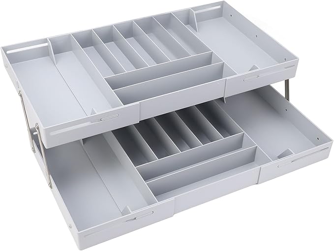 TOPINCN 2 Tier Collapsible Multi Level Drawer Organizer Tray, Folding Smart Drawer Storage, Expandable for Makeup, Jewelry, Silverware, Utensils, Kitchen Office Supplies (Gray)