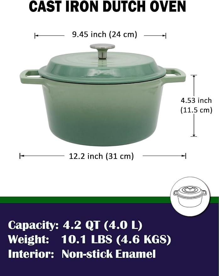 NNWsystems 4.2 Quart Cast Iron Dutch Oven with Lid - Enameled Non-Stick Interior, Oven Safe to 500°F, Multi-Stovetop Compatible - Pine Green