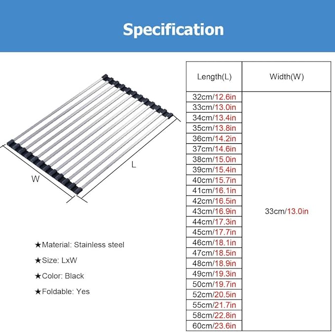 Roll Up Over The Sink Dish Drying Rack Kitchen Rolling Dish Drainer, 12.6-23.6" Foldable Sink Rack Mat Stainless Steel Wire Drainer for Kitchen Counter Storage(L 34cm/13.4in)