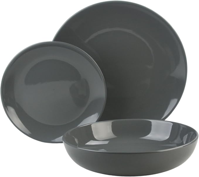 10 Strawberry Street 12 Piece Coupe Stoneware Dinnerware Set with Dinner Bowl, Service for 4, Dark Gray