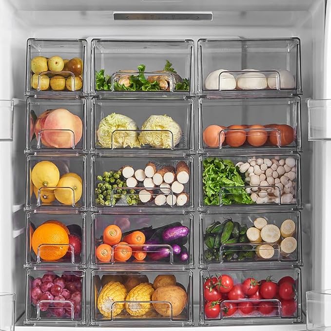 W.C.I. Fridge Drawers - Clear Stackable Pull Out Refrigerator Organizer Bins - Food Storage Containers for Kitchen, Refrigerator, Freezer, Vanity & Fridge Organization and Storage (2 Pack | X-Large)