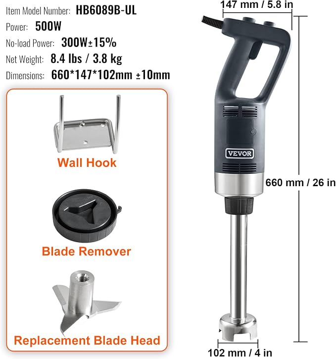 VEVOR 500W 12 Inch Heavy Duty Hand Mixer, Variable Speed Stick Mixer with 304 Stainless Steel Blade, Multi-Purpose Portable Mixer for Soup, Smoothie, Puree, Baby Food