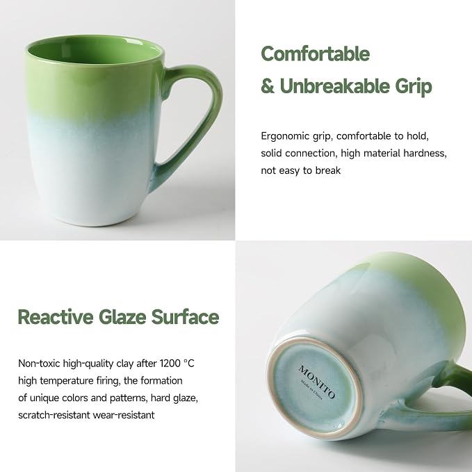 MONITO 14 OZ Coffee Mugs Set of 6, Large Ceramic Blue Coffee Mugs Set with handle for Tea/Latte/Milk/Cocoa, Funny Tea Cups for Office and Home, Engagement Gifts. (White-green)