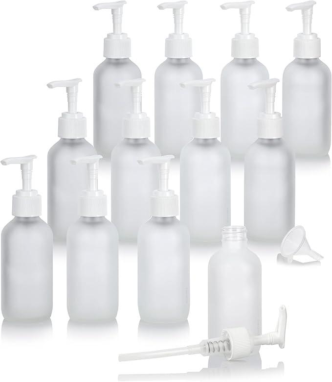 JUVITUS 8 oz Frosted Clear Glass Boston Round Bottle with White Lotion Pump (12 Pack)