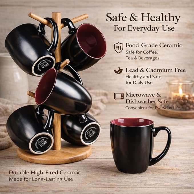 GBhome 16oz Coffee Mugs Set of 6, Large Ceramic Coffee Mugs for Man, Woman, Dad, Mom, Modern Coffee Mugs Set with handle for Tea/Latte/Cappuccino/Milk/Cocoa. Dishwasher&Microwave Safe,Red