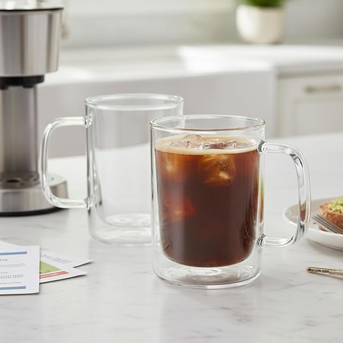 Aquach 12oz Double Walled Glass Coffee Mugs Set of 2, Insulated Tea Cups | Dishwasher/Microwave Safe, Borosilicate Glass, Double-walled, Smooth Rim, Comfort Handle, Ideal Daily Capacity