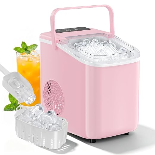 Countertop Ice Maker, Portable Ice Machine with Carry Handle Basket and Scoop, 9 Bullet Cubes Ready in 6 Mins, 26lbs Daily, Self-Cleaning for Home, Kitchen, Camping, RV
