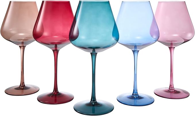 Khen Flower Blooms Colored Crystal Wine Glass Set of 5, Large 20 OZ Stemmed Glasses, Italian Style Tall Drinkware for Red & White Wine, Water, Dinner, Beautiful Gift Glassware