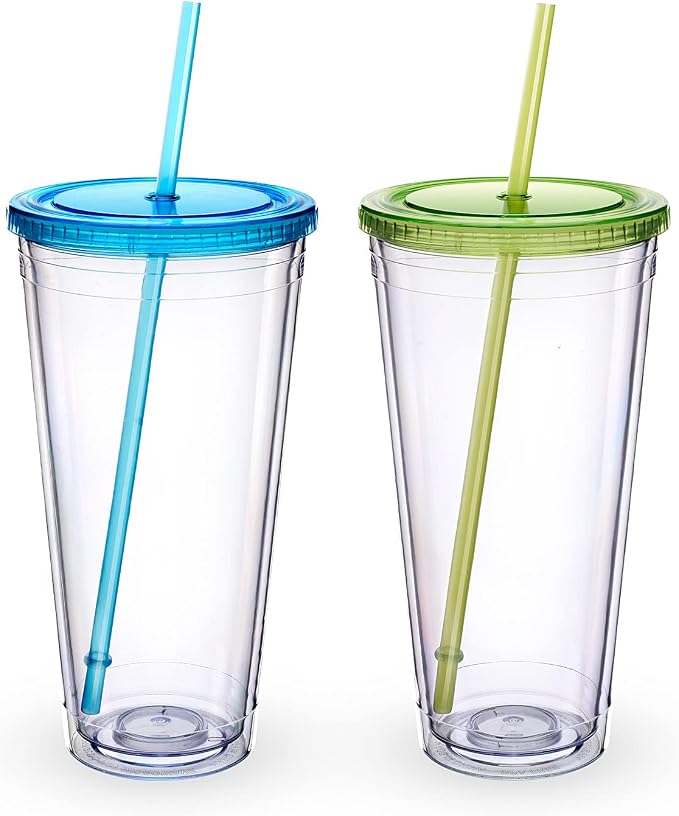 Zukro Clear Tumbler with Lid and Straw 32 oz, Wide Mouth Double Walled Insulated Reusable Acrylic Plastic Iced Coffee To Go Cup for Loaded Tea, Water, Lemonade, Fit in Cupholder, BPA Free, 2 Pack