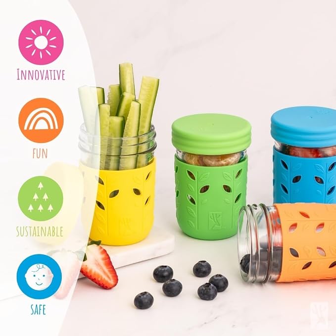 Elk and Friends Kids + Toddler Glass Cups | The Original 8oz Glass Mason Jar with Sleeves + Lids | Silicone Straws + Stopper | Smoothie Cup | Food Storage | Spill Resistant | Dishwasher Safe | 8 Pack