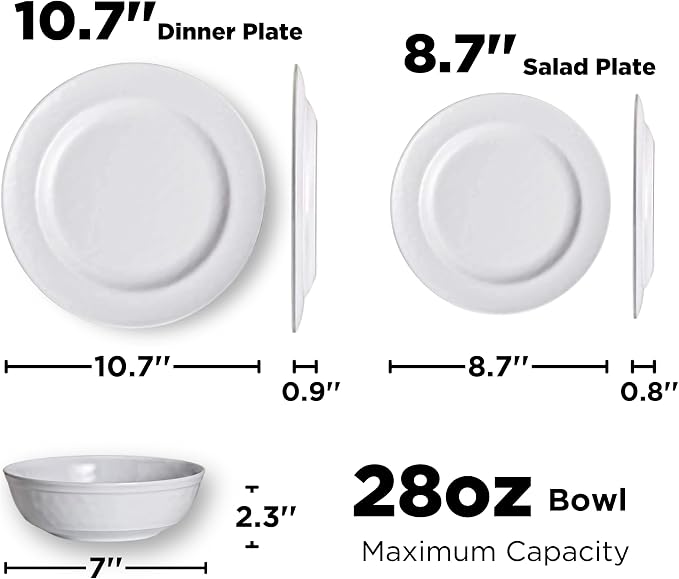 TP 12-Piece Melamine Dinnerware Sets, Plates and Bowls Dishes Set for 4, Break-Resistant & Non-Microwavable, Lightweight Dinner Plates, White