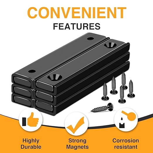 TRYMAG Neodymium Rectangular Magnets 80Lbs, 60 x 13.5 x 5mm Strong Black Bar Magnets with Countersunk Hole and Steel Capsule, Heavy Duty Industrial Rare Earth Magnets with Screw for Mounting, 25 Pack