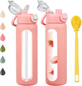 chunmo 24 oz Glass Water Bottles with 2 Lids-Handle Spout Lid & Straw Lid, Motivational Water Bottle with Time Marker and Silicone Sleeve,Leakproof-Pink-1 Pack