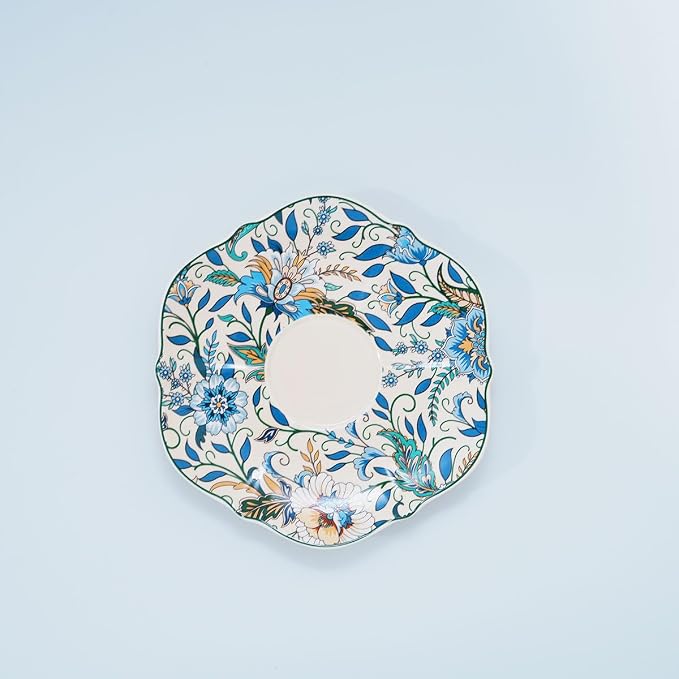 Bone China Tea Cup and Saucer Set with Spoon，Elegant Floral Tea Cup Set (7 oz)，British Coffee Latte Mug