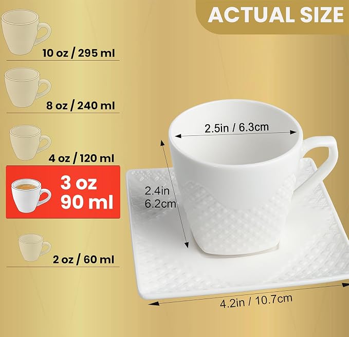 FUOCCI Espresso Cups With Saucer - 3 oz (90 ml) Turkish Coffee Cup, Small Modern Embossed Porcelain for Expresso, Cuban & Arabic Coffee, Elegant White (Set of 6)