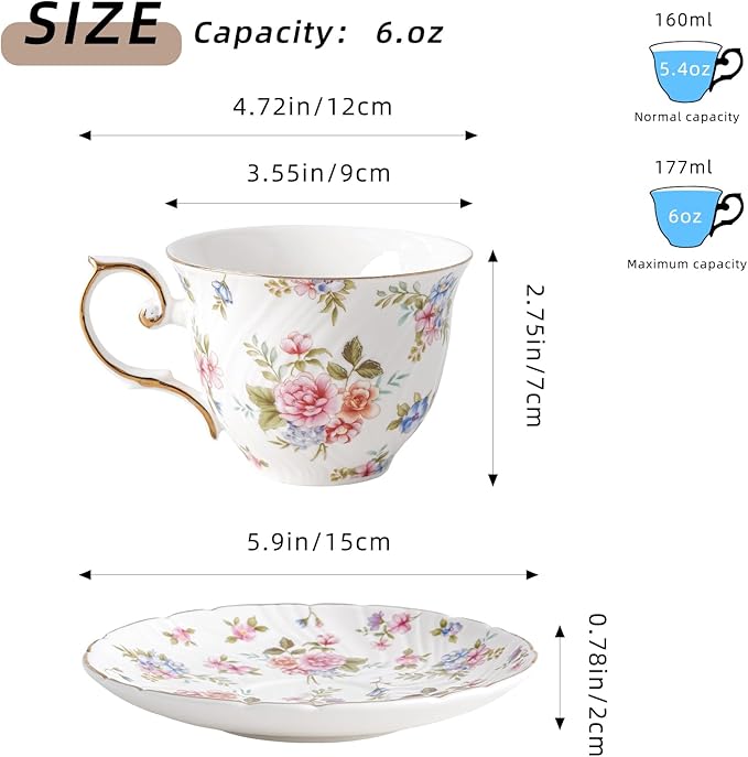 Agyiuns tea cups and saucers ceramic coffee mug 6oz for Coffee, Latte, Cafe Mocha and Tea-Set of 4, white with flowers