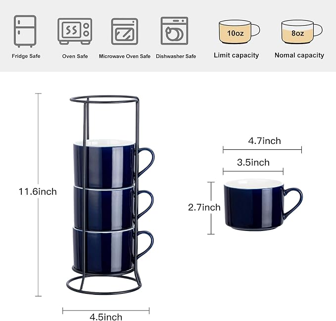 10oz Porcelain Stackable Coffee Mugs and Metal Stand Set of 4, Espresso Cups Set for Hot Drinks, Cappuccino, Tea-Blue