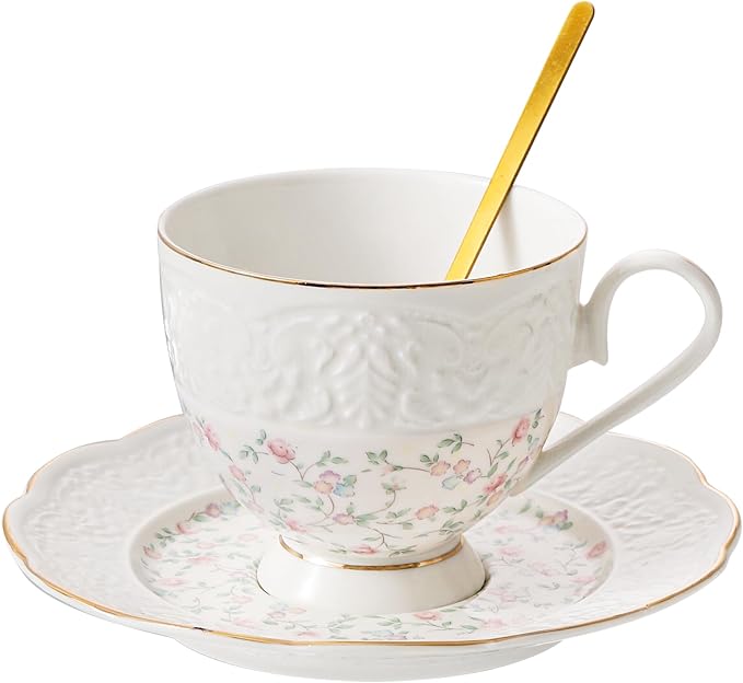 TATSUMI Interglio Embossed Bone China Tea Cup and Saucer Set, 3 Pieces Vintage Style Coffee Cup & Saucer Set For Women Wedding Gift (Starlight Pink, 1 set)