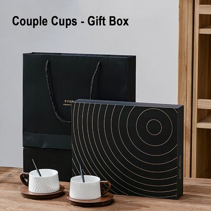 5oz/150ml Cappuccino Cup and Saucer Set, White Porcelain Cup with Walnut Wood Saucer, Espresso Coffee Mug, Couple Cups set of 2 with gift box (SYJ-TCG005)