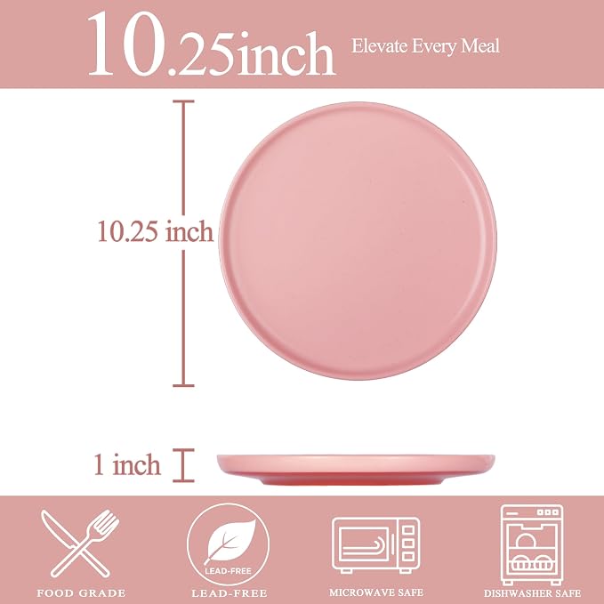 10.25-Inch Dinner Plates Set of 4, Dual Glaze Stoneware Plates, Microwave and Dishwasher Safe, Ceramic Plates for Everyday Dining, Pink