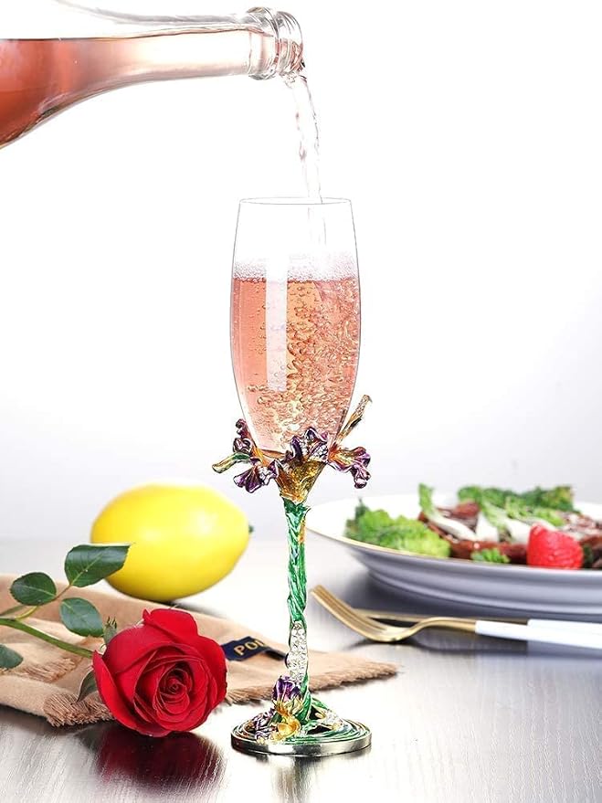 SUQ I OME Enamel Wine Crystal Champagne Flutes Glasses Set of 2, Decorative Enamel Champagne Glasses, Gifts for Brides and Grooms, Wedding, Valentine, Anniversary, Birthday