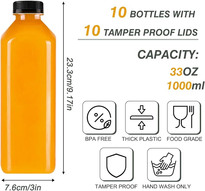 TOMNK 10pcs 33oz Juice Bottles with Caps, Reusable Plastic Juice Bottles with Lids and Labels, Funnel, Brush Beverage Containers for Juicing, Smoothies, Tea, Milk