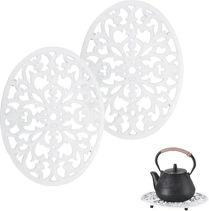 2 Pack Cast Iron Trivets, Decorative Oval Trivet 9.6"x7.3", Heat Resistant Metal Trivets for Hot Dishes Pots Pans Plates Teapot, Heavy Duty Cast Iron Pot Holder for Kitchen Countertops Dining Table