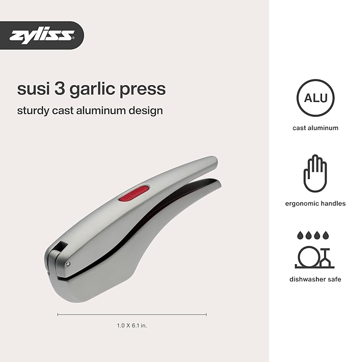 Zyliss Susi 4 Garlic Press - Garlic Crusher for Efficient Mincing - Odor-Free Hands - Large Chamber Made of Durable Stainless Steel - Mess-Free Kitchen Gadget - PFAS-Free Non-Stick Coating - Aluminum