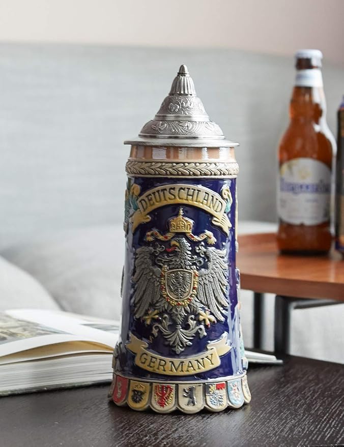 HAUCOZE Beer Stein Mug German Coats of Arms Drinking Viking Tankard with Pewter Lid Birthday Gifts for Men Father Husband 0.6 Liter