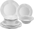UPware 12 Piece Pebble Melamine Dinnerware Sets, Outdoor Dishes Set, Plates and Bowls Sets, Service for 4, White