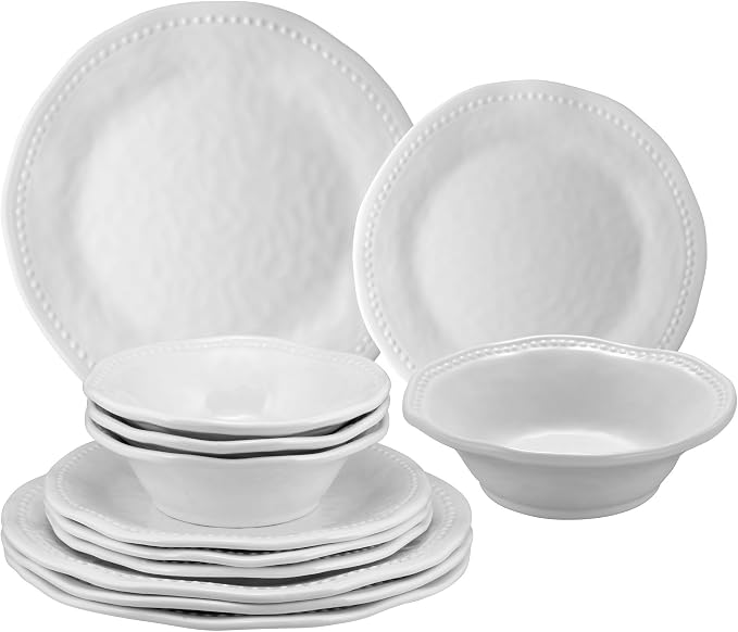 UPware 12 Piece Pebble Melamine Dinnerware Sets, Outdoor Dishes Set, Plates and Bowls Sets, Service for 4, White