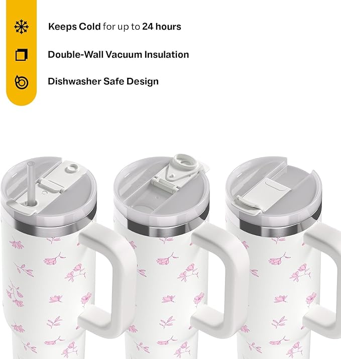 RTIC 30 oz Road Trip Tumbler Double-Walled Ceramic Lined InsulatedStainless Steel Portable Travel Coffee Mug Cup with Lid, Handle and Straw, Pink Magnolias