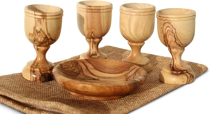 Olive Wood Communion Cups & Bread Plate Set - 4 Hand-Carved Kiddush Goblets with Tray from Bethlehem – Authentic Holy Land Gift for Church, Ministry & Worship