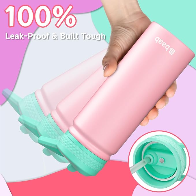 baab 20oz Kids Water Bottle, Insulated Water Bottle with Straw & Stickers, 18/8 Stainless Steel Vacuum Leakproof Kids Water Straw Cup for School, Perfect for Boy Girl (Pink+Purple, 2 Pack)