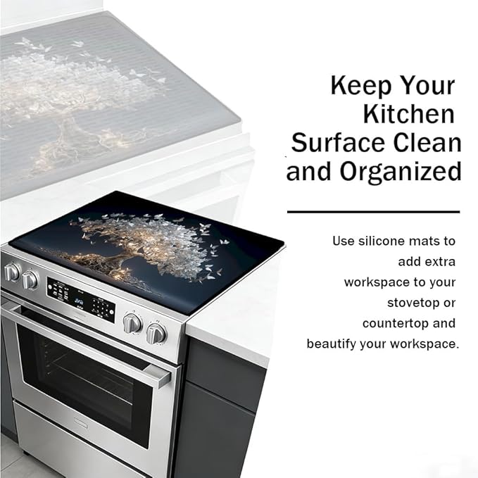 Stove Top Cover for Electric Stove 28.4 x 20.5 Inch Non Slip Stove Mat Oil Proof White Butterfly Tree Glass Cooktop Protector Kitchen Counter Mat