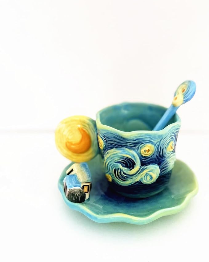 Ceramic Starry Sky Coffee Mug and Saucer set with Spoon,3D Handmade and Hand-painted Tea Mug, 6OZ