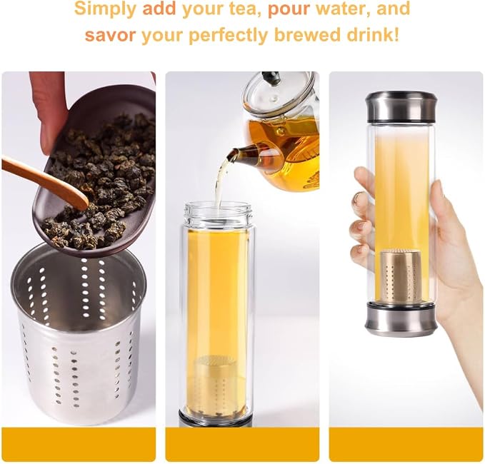 Double Wall Glass Tea Bottle with Infuser - Loose Leaf Tea Steeper, Insulated Cup, Fruit Brewer, Glass Mug With Double Lids - Portable Brewer - Water Infuser Bottle - 13.5 & 10 oz (13.5 oz)