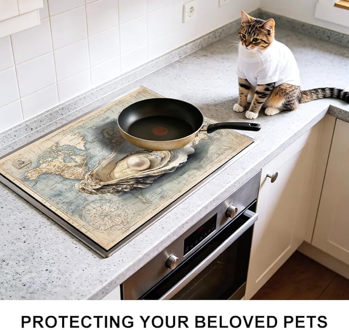 Stove Top Cover for Electric Stove 28.4 x 20.5 Inch Non Slip Stove Mat Oil Proof World Map Oyster Glass Cooktop Protector Kitchen Mat