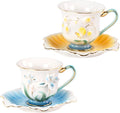 KAMMAK Tea Cups and Saucers Set of 2, Porcelain Coffee Cups, Stackable Espresso Mugs, Ceramic Demitasse for Coffee, Latte, Americano, Tea, Relief - Yellow + Blue