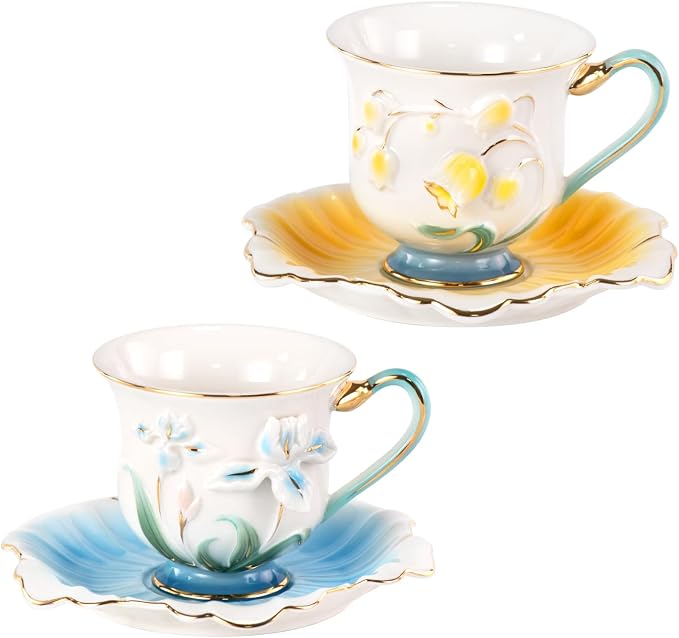 KAMMAK Tea Cups and Saucers Set of 2, Porcelain Coffee Cups, Stackable Espresso Mugs, Ceramic Demitasse for Coffee, Latte, Americano, Tea, Relief - Yellow + Blue