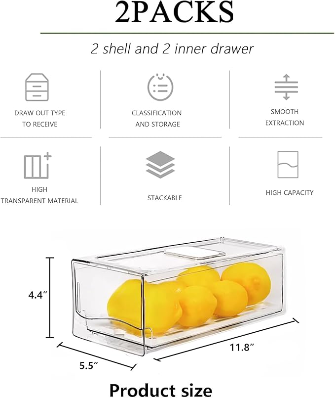 bealy 2 Pack Fruit Storage Containers for Fridge,Stackable Fridge Organizer,Clear Refrigerator Organizers with Pull Out Drawer for Fruit, Produce, Vegetables, Drinks, Snack and Food Storage,BPA Free