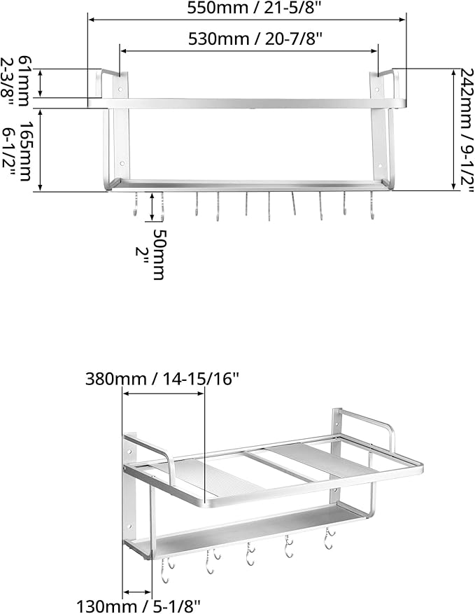 QWORK Microwave Oven Rack Shelf, Wall Mount Electric Oven Holders, Aluminum Double-Layer Microwave & Spice Rack, 2 Shelves with 10 Hooks, Support Load 88lbs, 21.65"x15"x9.84"
