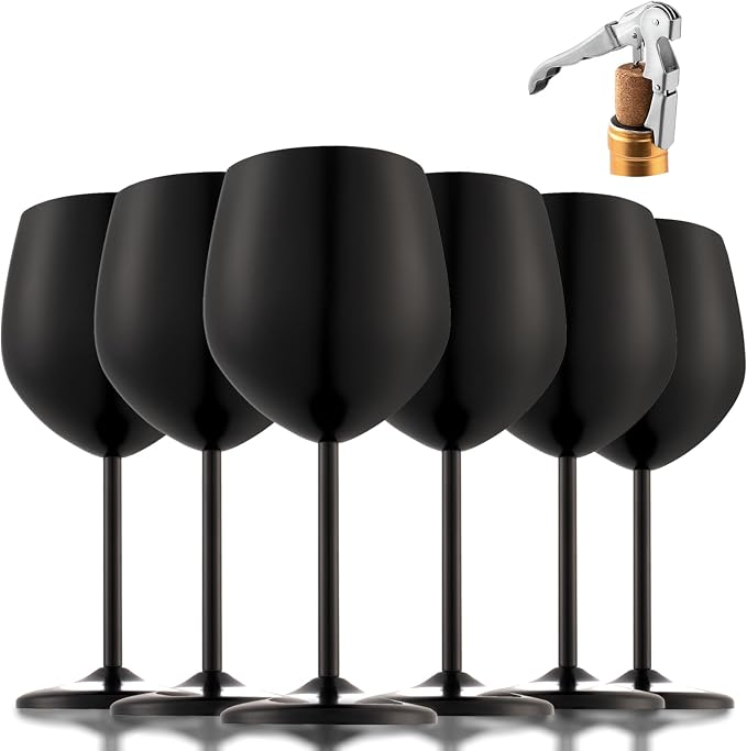 UNISWEET Stainless Steel Wine Glasses Set of 6 with 1 Corkscrew Matte Black | 17 oz Unbreakable Metal Wine Goblets, Reusable & Sturdy, Ideal for Outdoor, Travel, Camping, Pool, Gift for Wine Lovers