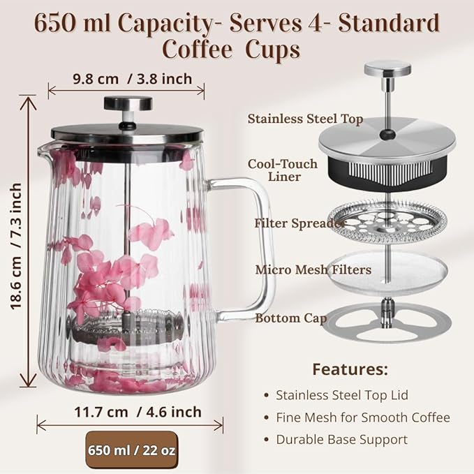 French Press Coffee Maker 22oz – Pink Floral Glass Design – Double-Wall Borosilicate Ribbed Coffee Press with Stainless Steel Filter – Manual Brewer & Tea Press