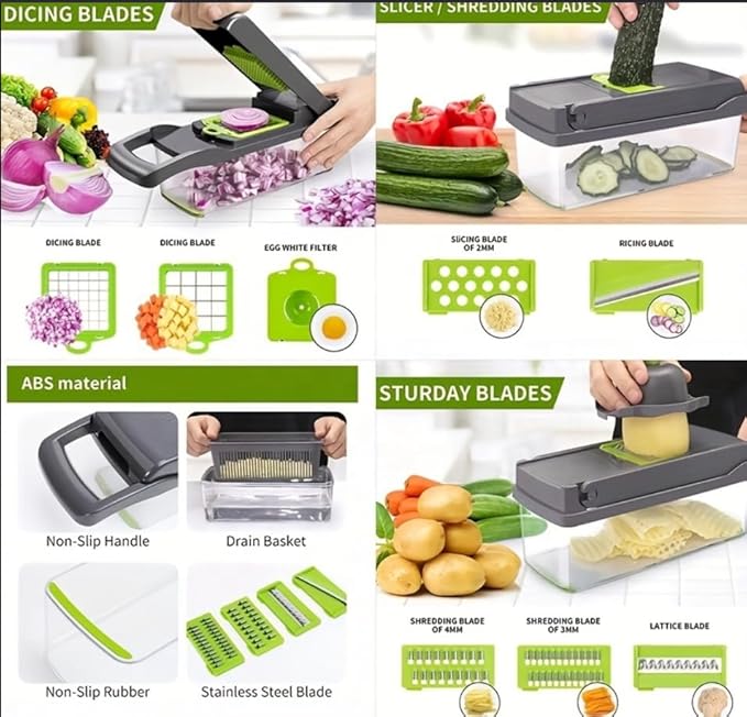MASTERPREP™ Vegetable Chopper Mandoline Slicer, 15-in-1 Food Dicer with Container, Interchangeable Stainless Steel Blades for Dicing, Slicing, Shredding