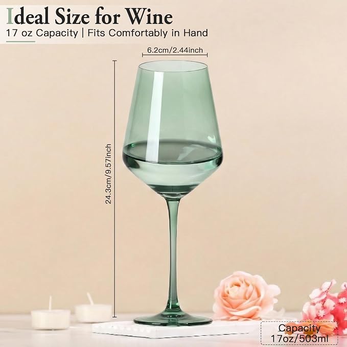 Green Wine Glasses Set of 6, Handblown Colored Wine Glasse,Green Coloful Glassware，17OZ for Red or White Wine