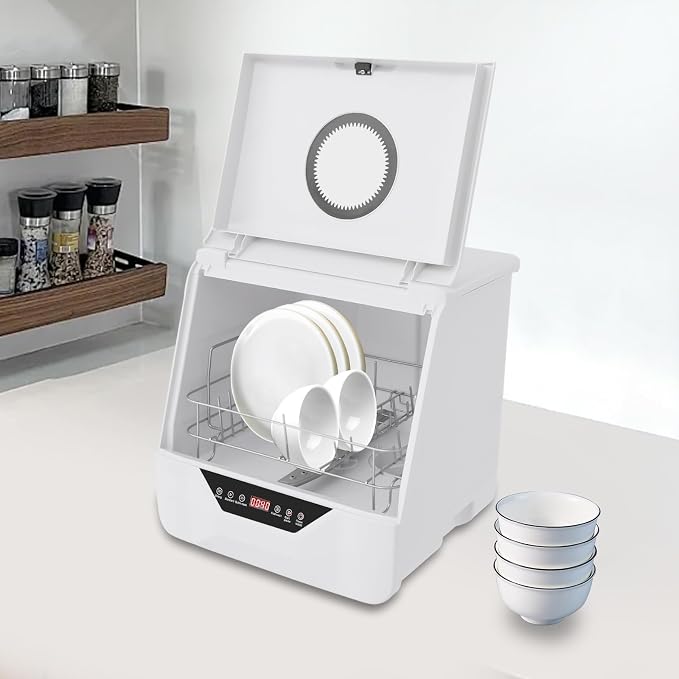 800W Countertop Dishwasher, 110V Low Noise Portable Dish Washer With 4 Wash Modes, High Temperature Cleaning, Mini Dish-Washing Machine for Restaurants, Kitchens, Cafeterias, White