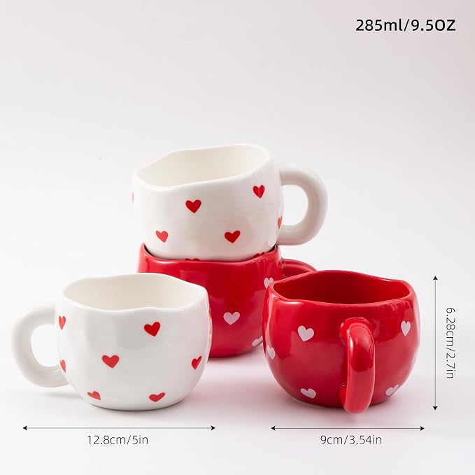 4pcs Ceramic Hearts Mugs Set, 9.4OZ Cute Love Coffee Cup Set, Red and White Color, Dishwasher Safe Espresso Cups, Gift for Women (Heart)